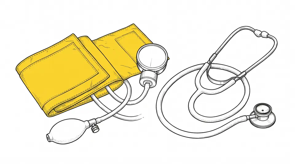 Line drawing of a yellow blood pressure cuff with its bulb and gauge beside a stethoscope