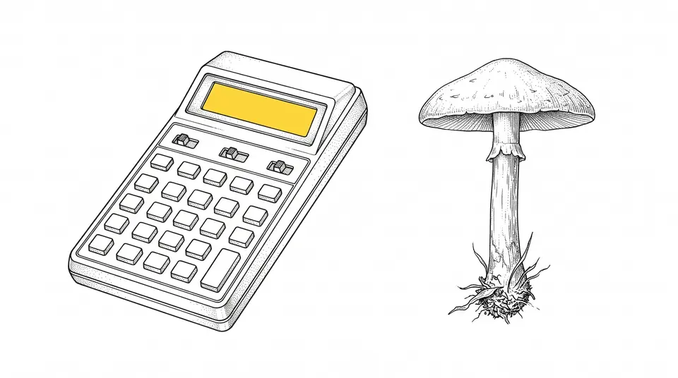 Line drawing of a pocket calculator with a blank display beside a mushroom specimen