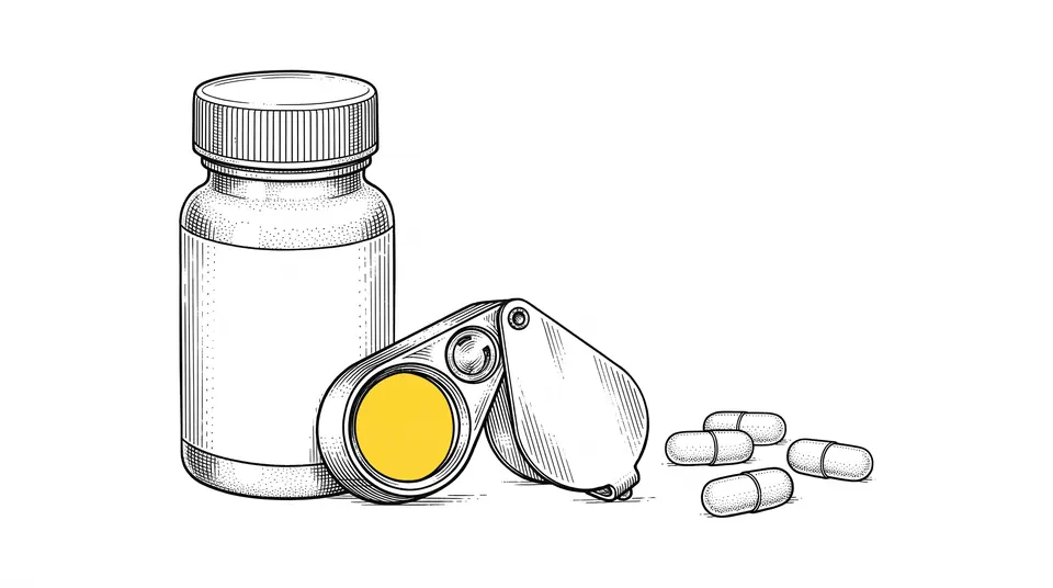 Line drawing of a capsule bottle with a blank label, loose capsules and a loupe with a yellow lens