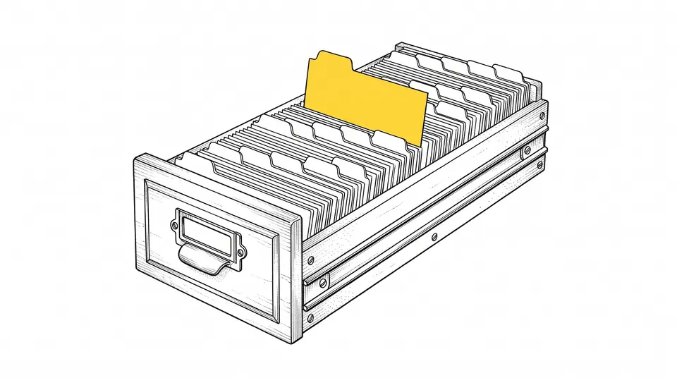 Line drawing of a library card catalog drawer with one yellow card raised