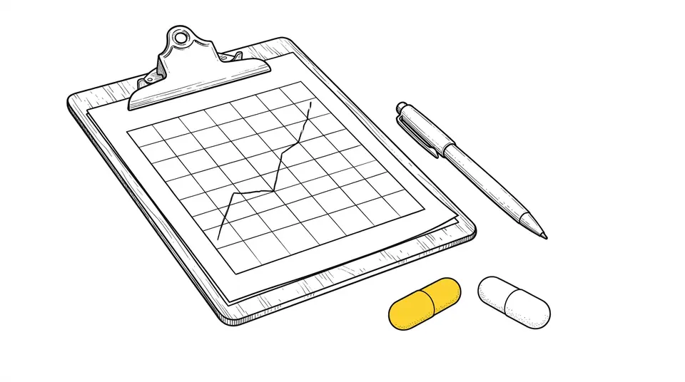 Line drawing of a clipboard with a chart, a pen and two capsules