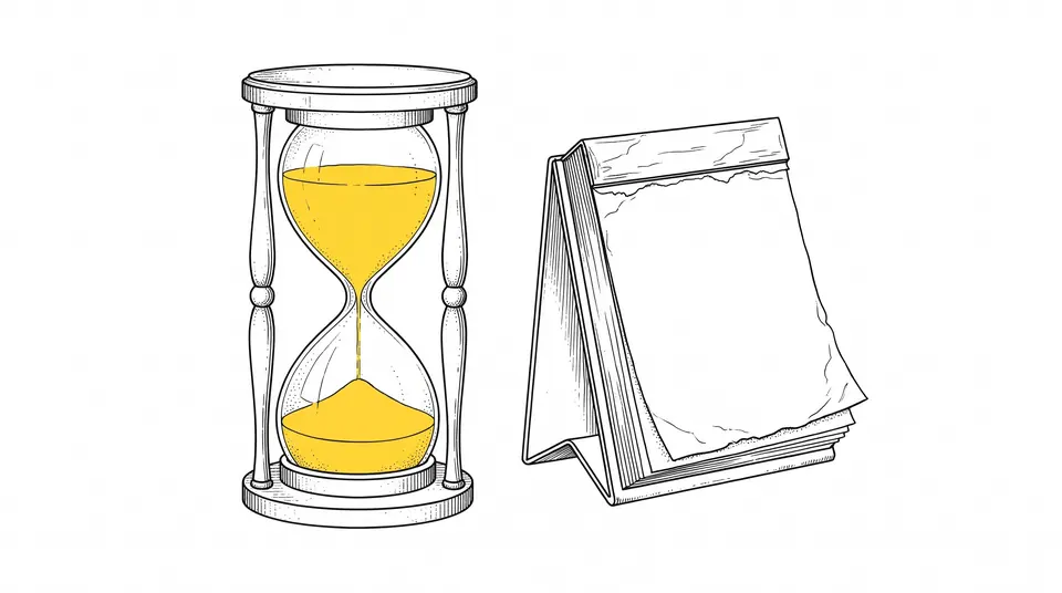 Line drawing of an hourglass beside a blank tear-off calendar