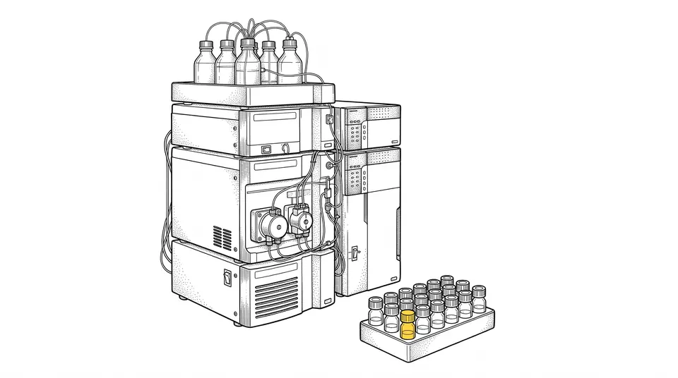 Line drawing of a liquid chromatography instrument beside a rack of sample vials, one with a yellow cap