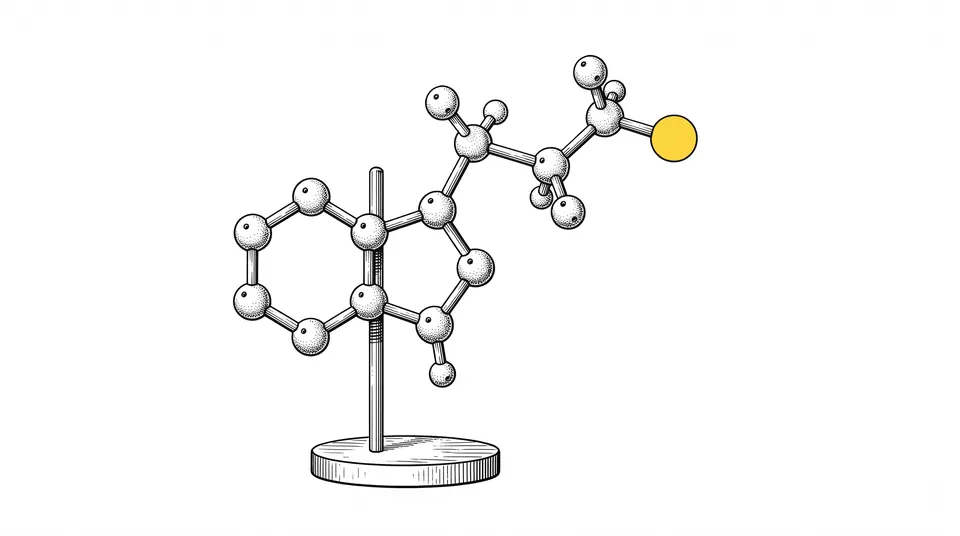 Line drawing of a generic ball-and-stick molecular model with one yellow ball