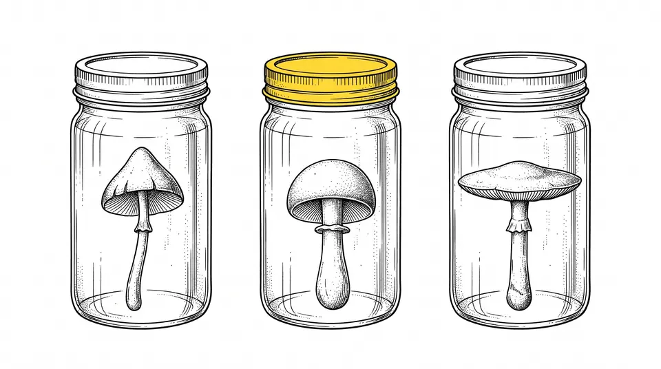 Line drawing of three mushroom specimens in glass jars, the middle jar with a yellow lid