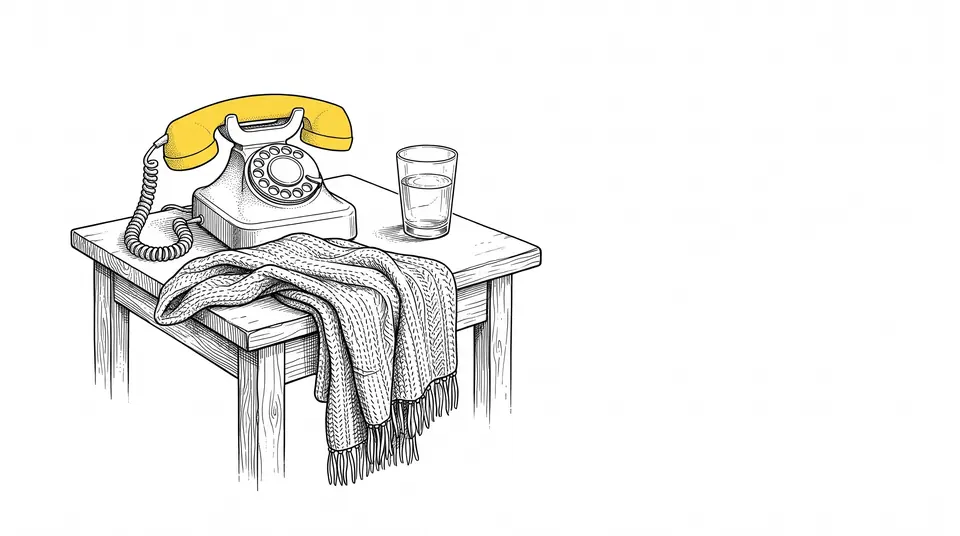 Line drawing of a side table with a telephone handset, a folded blanket and a glass of water
